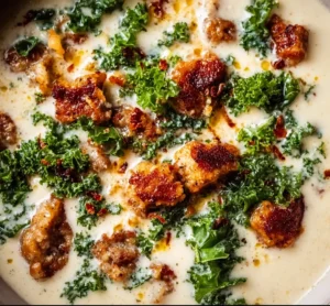 Creamy Cauliflower Soup with Sausage, Bacon, and Kale