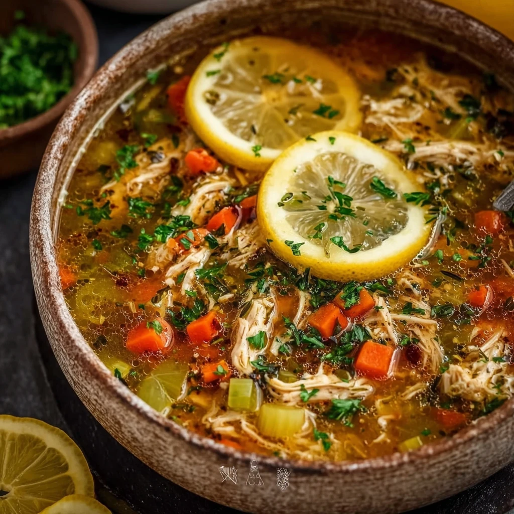 Mediterranean lemon herb chicken soup with fresh herbs and lemon